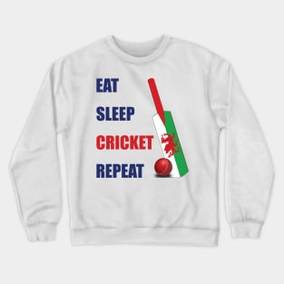 Eat Sleep Cricket Repeat Wales Flag Cricket Bat Crewneck Sweatshirt